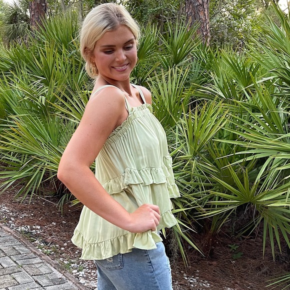Fun and flirty Double Tiered Ruffled Hem Top in pistachio green. - Picture 4 of 4